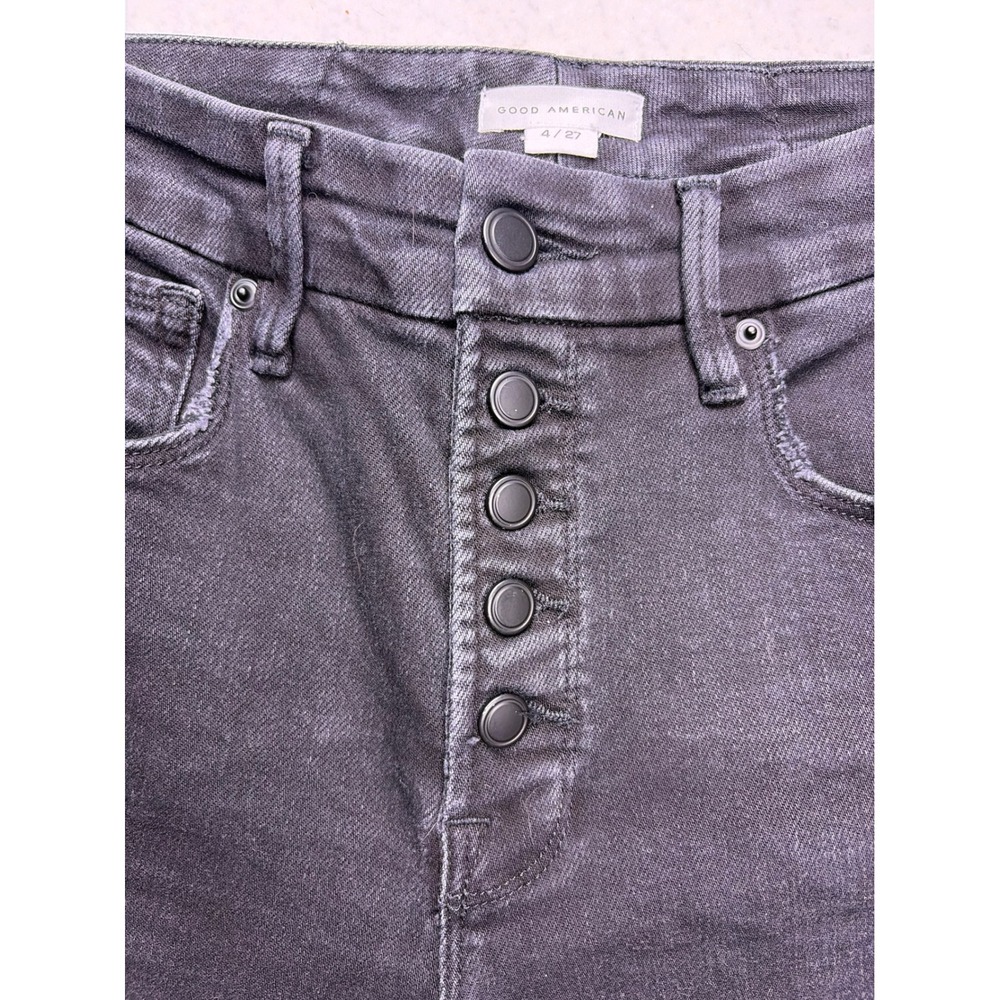 Good American Good Legs Crop Mini Boot Jeans Womens 4/27 Black Button Fly Frayed - Picture 3 of 10